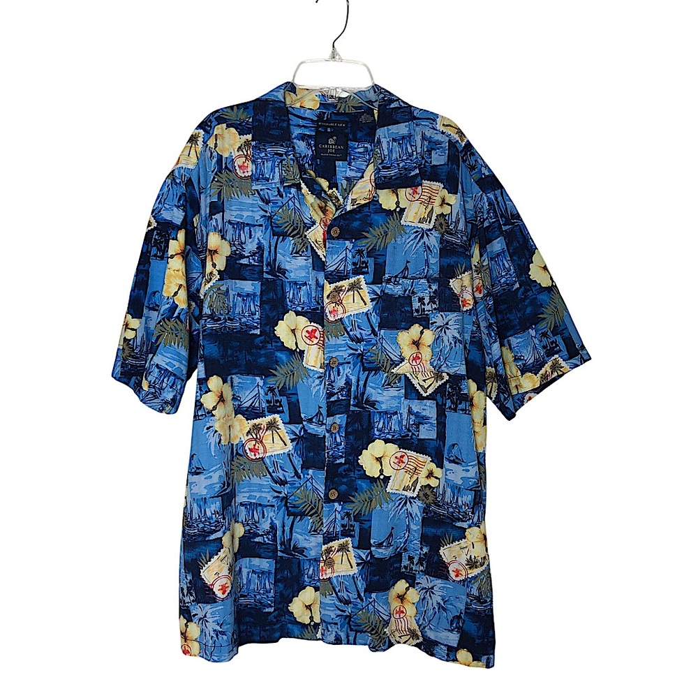 Caribbean Joe Men's Washable Silk Blue Yellow Floral Print Hawaiian Shirt XL